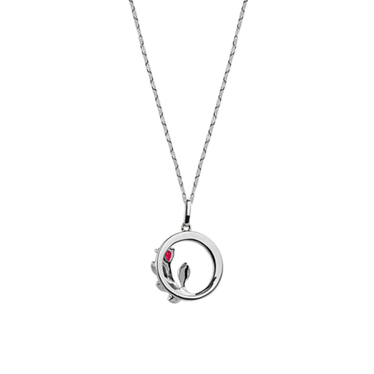 Botanique Natural Ruby and Natural Diamond Rose Pendant in 14K White Gold (18 in)
