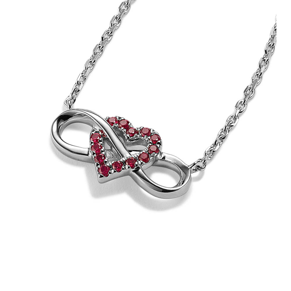 Natural Ruby Intertwined Heart and Infinity Pendant in Sterling Silver (18 in)