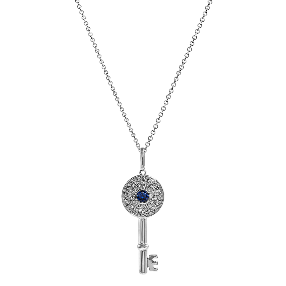 Blue and White Sapphire Key Pendant in 14K White Gold (20'')