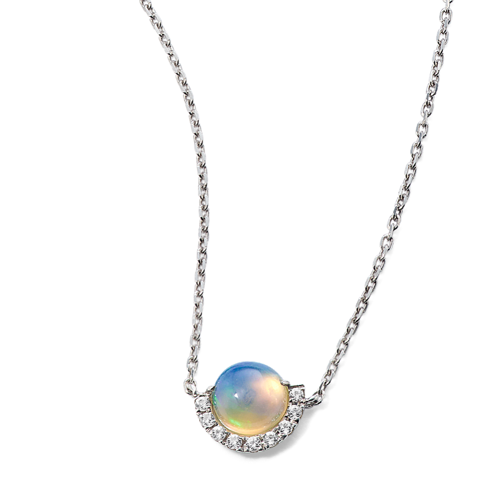 Opal & White Sapphire Half Halo Necklace (18 in)