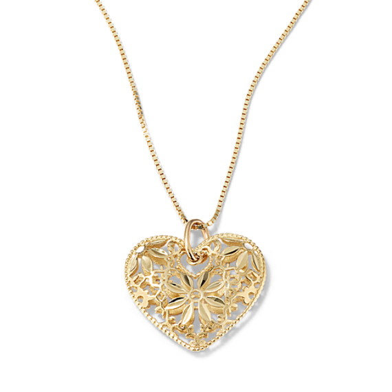 Floral-Lace 14K Yellow Gold Heart Pendant