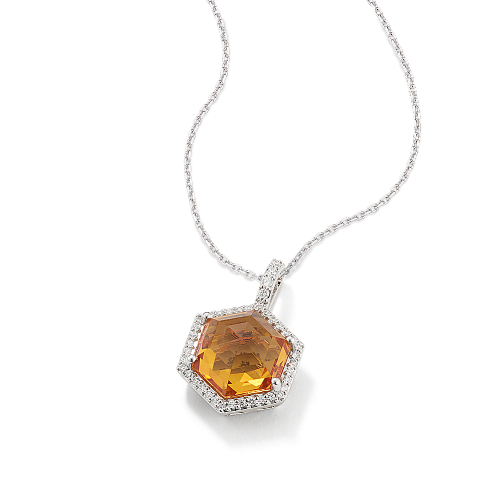 Hexagon Citrine & Diamond Halo Pendant