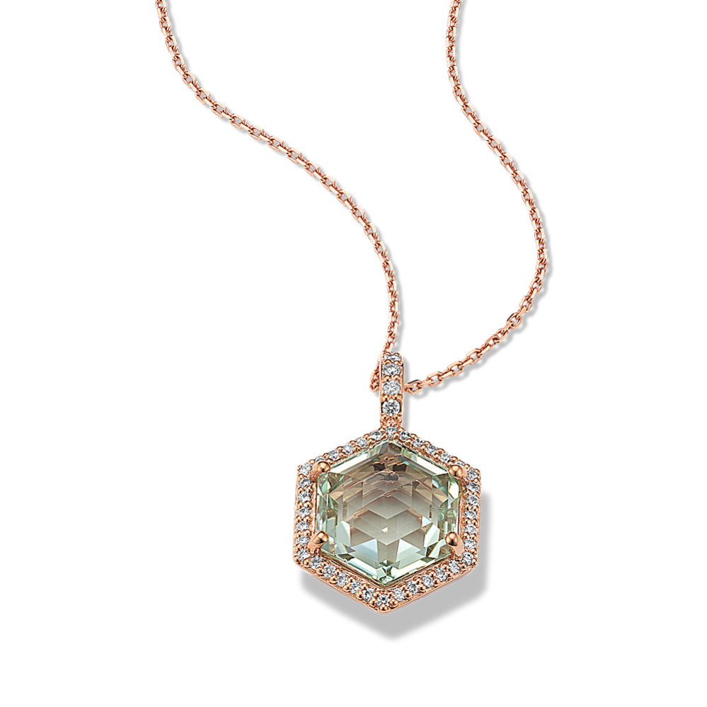 Hexagon Mint Green Quartz & Diamond Halo Pendant