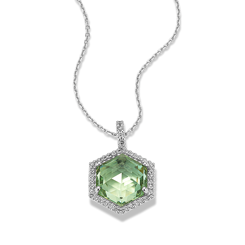 Hexagon Mint Green Quartz & Diamond Halo Pendant