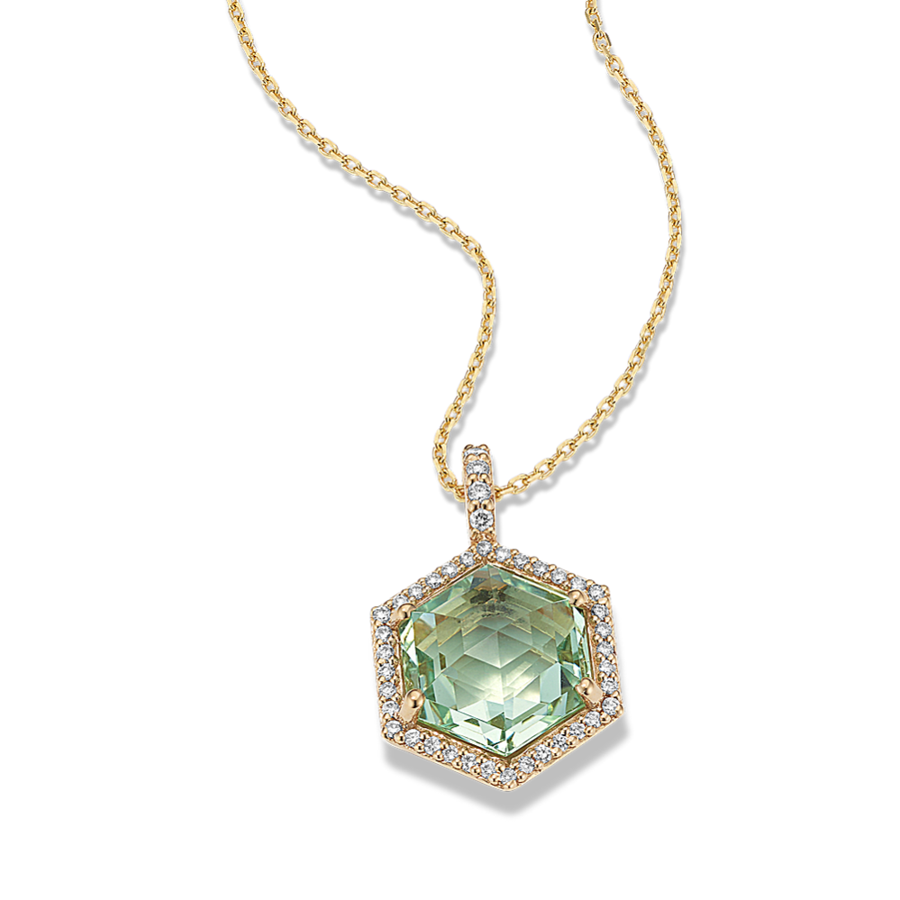 Hexagon Mint Green Quartz & Diamond Halo Pendant