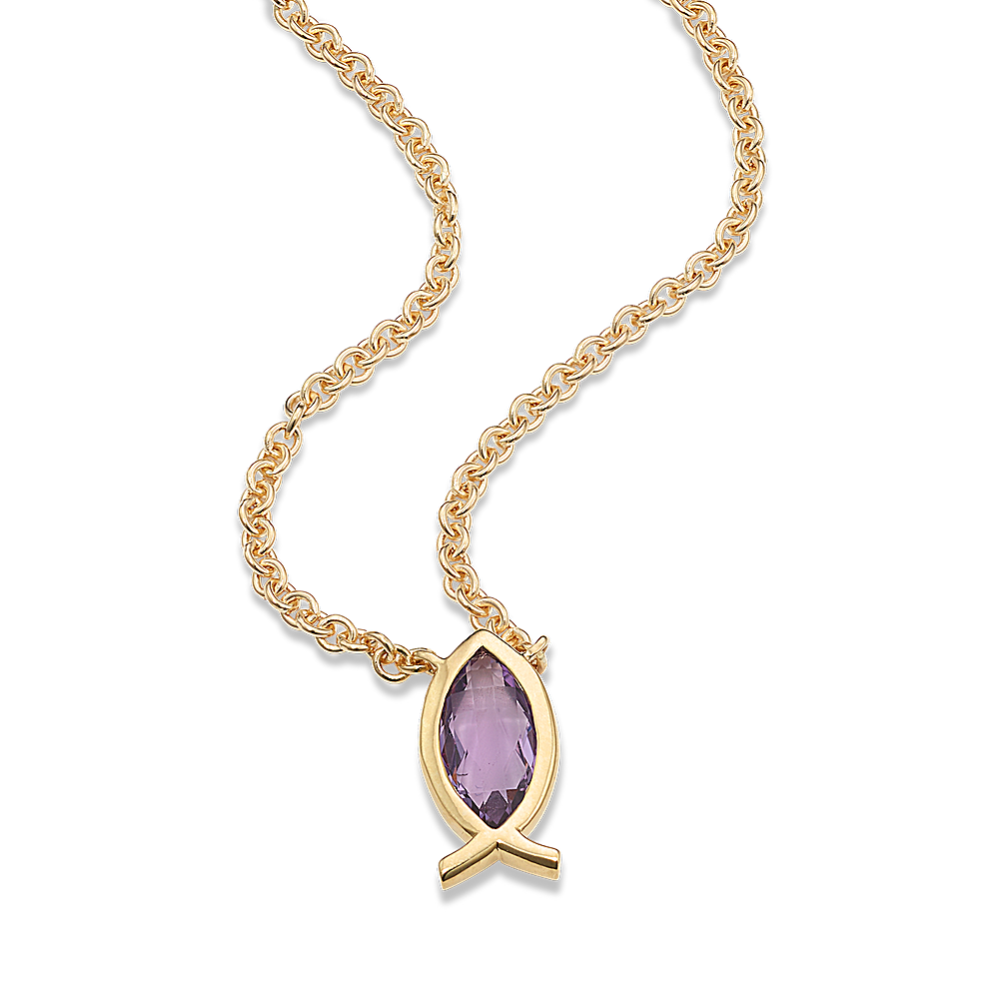Cross-Faceted Amethyst Ichthus Bezel Necklace