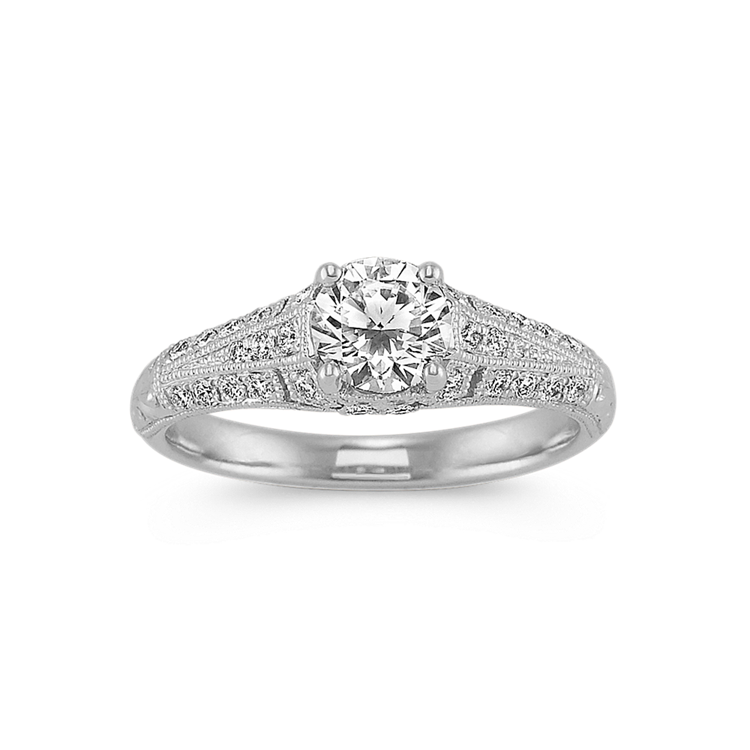 3/4 ct. Round Center Natural Diamond, Vintage Engagement Ring in Platinum