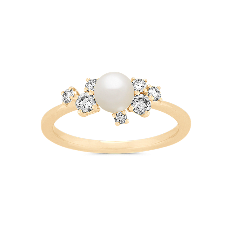 Catherine 4mm Akoya Pearl and Natural Diamond Cluster Ring in 14K Yellow Gold