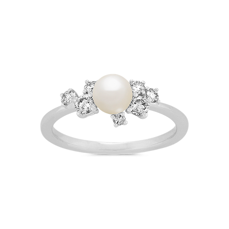 Catherine 4mm Akoya Pearl and Natural Diamond Ring in 14k White Gold