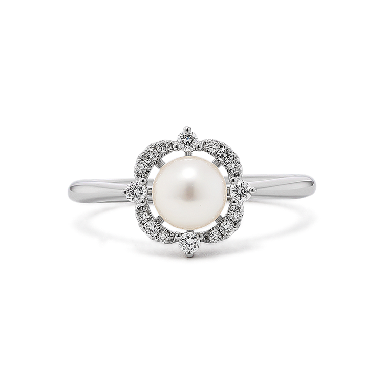 Musique 6mm Akoya Pearl and Natural Diamond Ring in 14K White Gold
