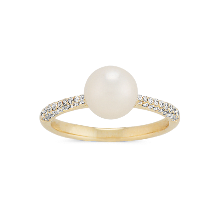 7mm Akoya Pearl and Natural Diamond Ring in 14k Yellow Gold
