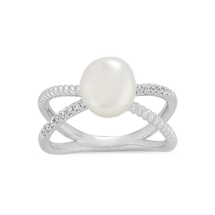7mm Freshwater Keshi Pearl and Natural Diamond Crossover Ring