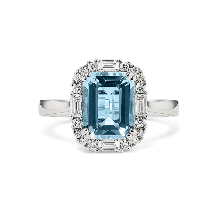 Linnet Natural Aquamarine and Natural Diamond Ring in 14k White Gold