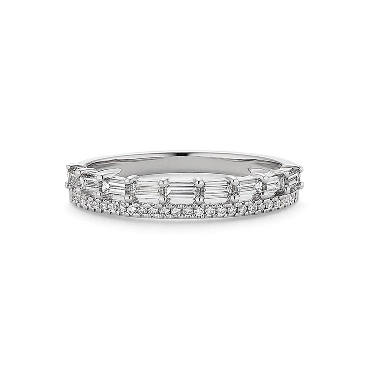 Baguette and Round Natural Diamond Band in 14k White Gold