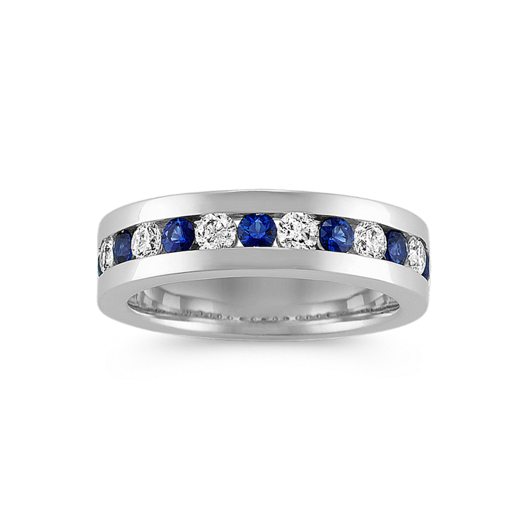 Channel-Set Natural Sapphire and Natural Diamond Mens Band