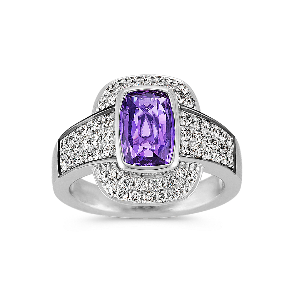 Cushion Cut Lavender Sapphire and Round Diamond Ring
