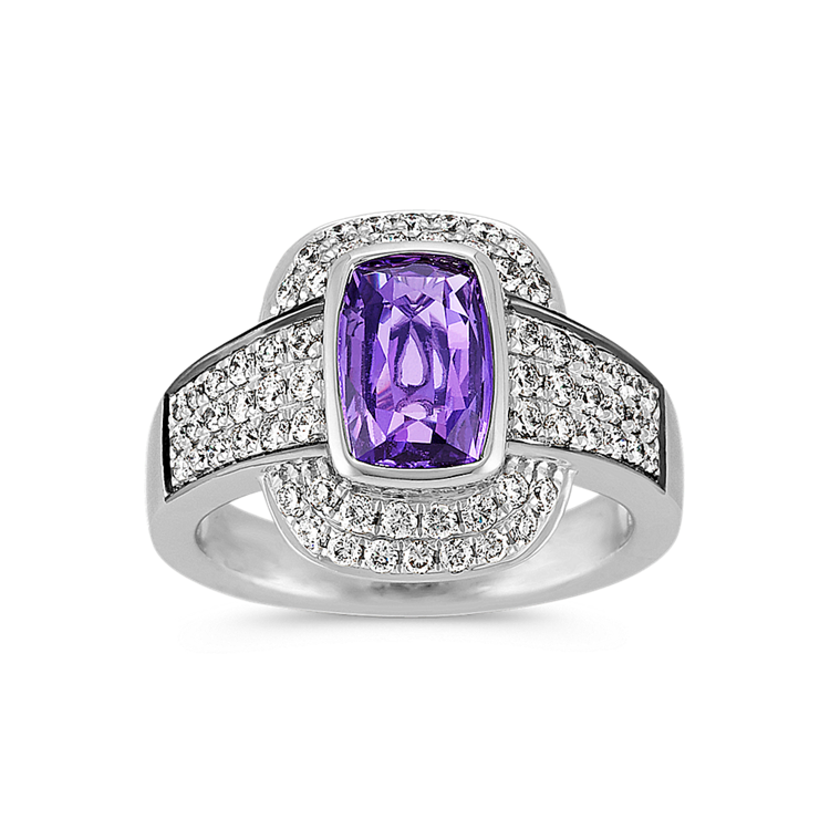 Cushion Cut Lavender Natural Sapphire and Round Natural Diamond Ring