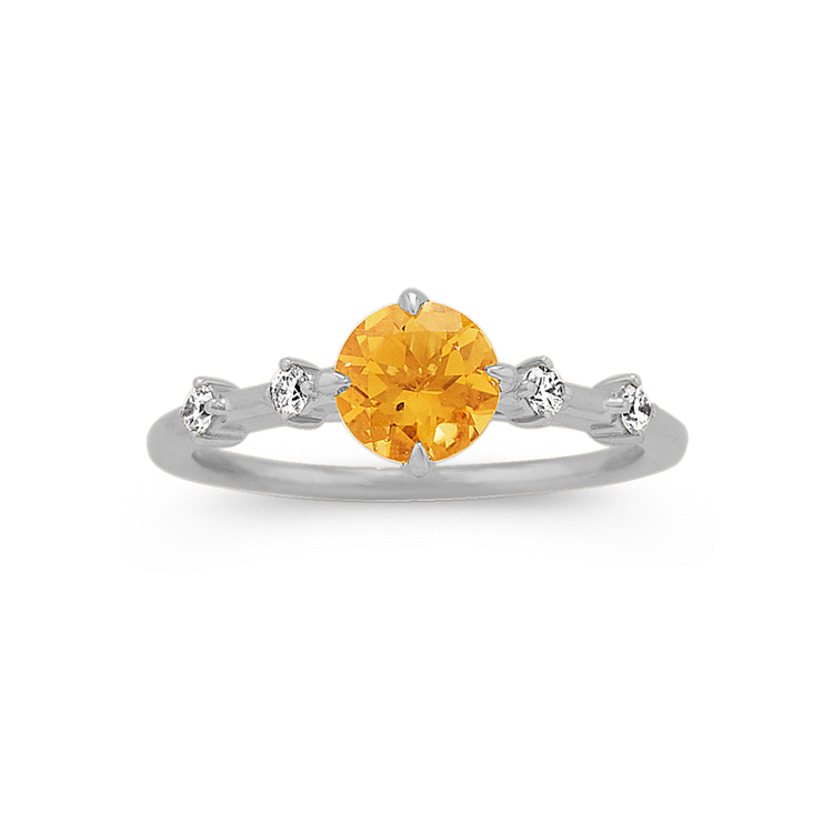 Golden Natural Citrine and Natural Diamond Ring in 14k White Gold