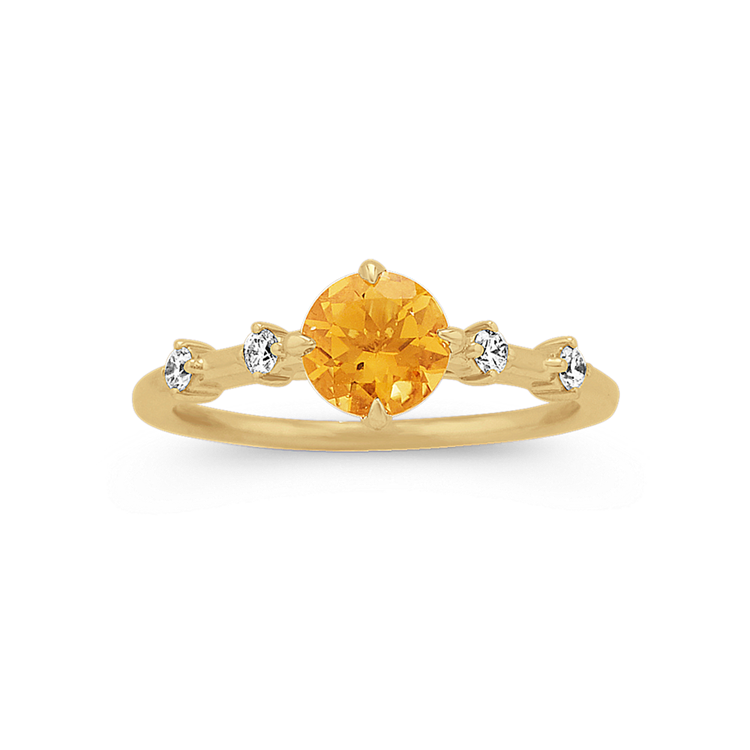 Golden Natural Citrine and Natural Diamond Ring in 14k Yellow Gold