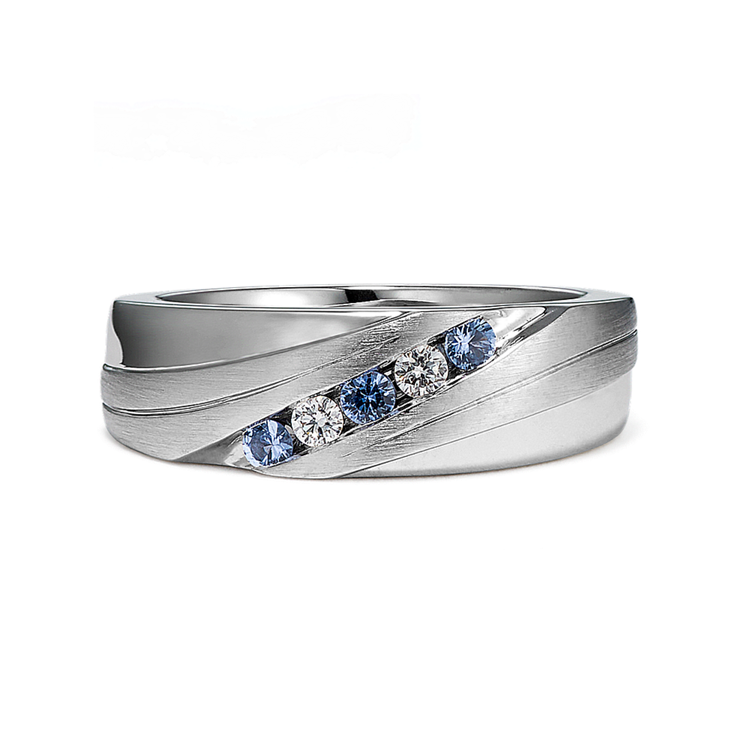 Mens Round Natural Diamond and Ice Blue Natural Sapphire Ring with Channel Setting (8mm)
