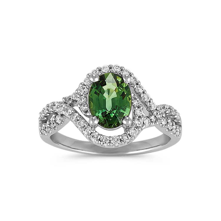 Oval Green Natural Sapphire and Round Natural Diamond Swirl Ring