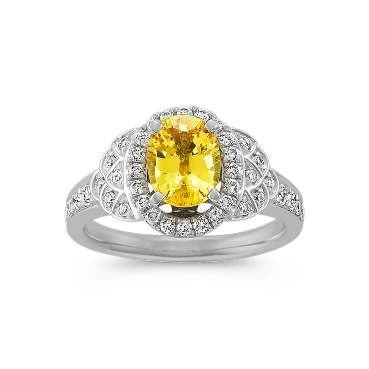 Oval Yellow Natural Sapphire and Natural Diamond Halo Ring in 14k White Gold