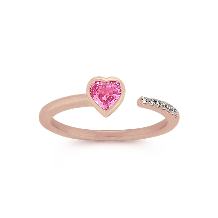 Pink Natural Sapphire Heart and Round Natural Diamond Ring in 14K Rose Gold