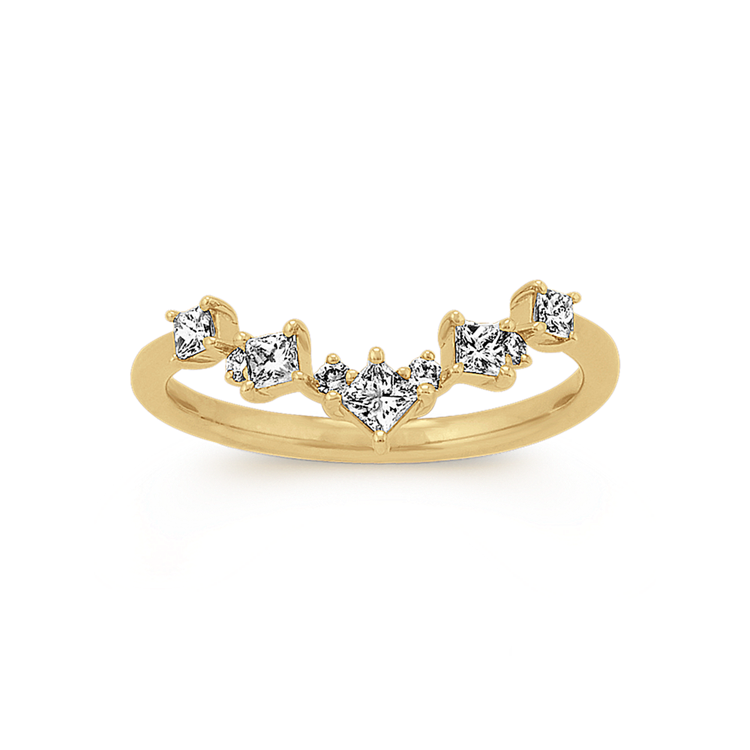 Princess Cut & Round Natural Diamond V Ring in Yellow Gold