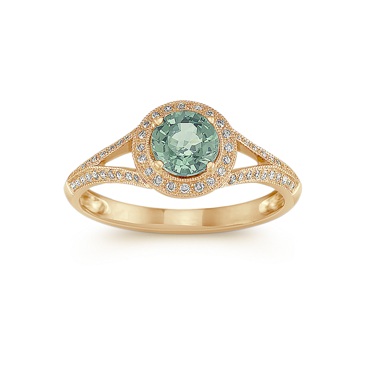 Round Green Natural Sapphire and Natural Diamond Ring in 14k Yellow Gold