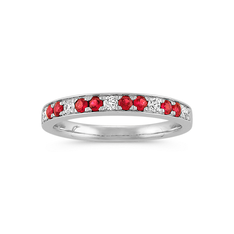 Round Natural Ruby and Natural Diamond Ring in 14k White Gold