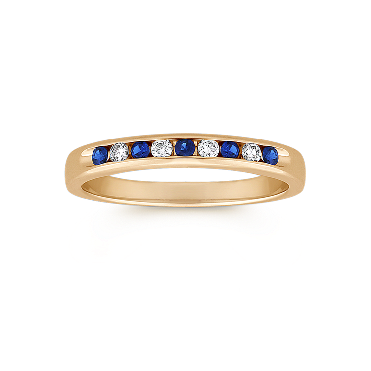 Round Natural Sapphire and Natural Diamond Anniversary Band in 14k Yellow Gold