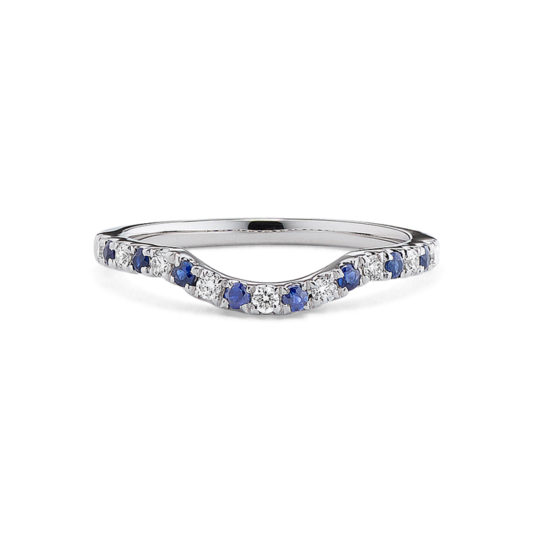 Round Natural Sapphire and Natural Diamond Contour Dipped Wedding Band