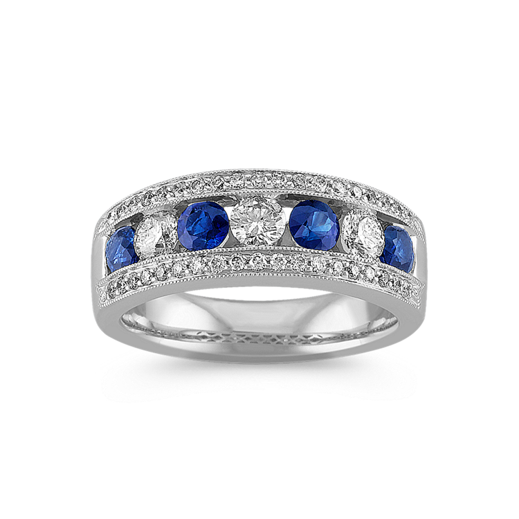 Round Natural Sapphire and Natural Diamond Fashion Ring with Milgrain Detailing