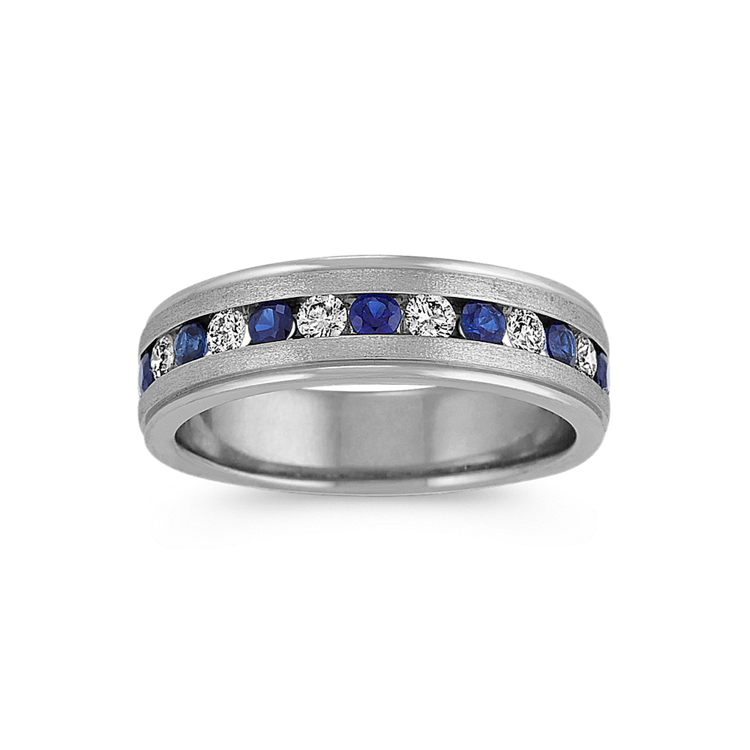 Alastair Traditional Blue Natural Sapphire and Diamong Ring in 14K White Gold (6.5mm)