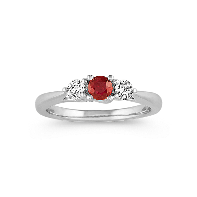 Natural Ruby and Natural Diamond Three-Stone Ring in 14k White Gold
