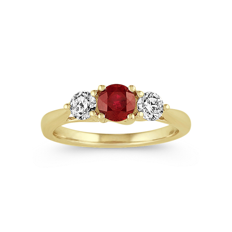 Maggie Natural Ruby and Natural Diamond Three-Stone Ring in 14K Yellow Gold