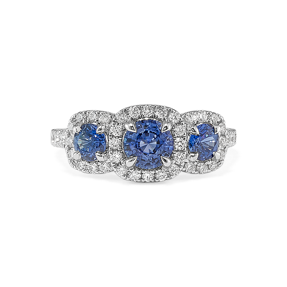 Capri Traditional Blue Sapphire Three-Stone Ring in 14K White Gold