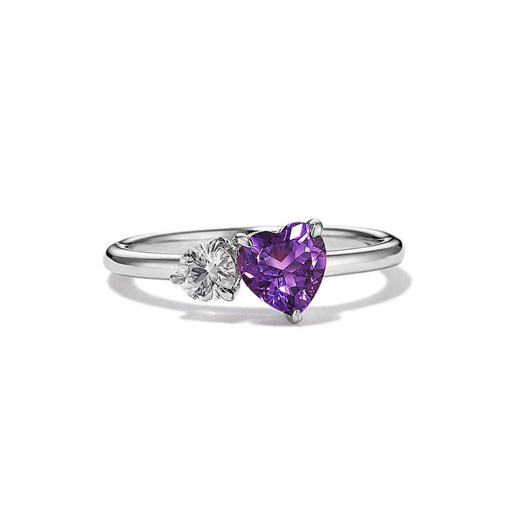 Toi et Moi Natural Amethyst and Natural White Sapphire Ring in Sterling Silver (7 in)