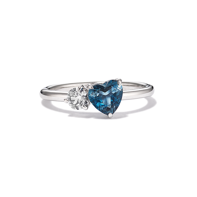 Toi et Moi Natural London Blue Topaz and Natural White Sapphire Ring in Sterling Silver