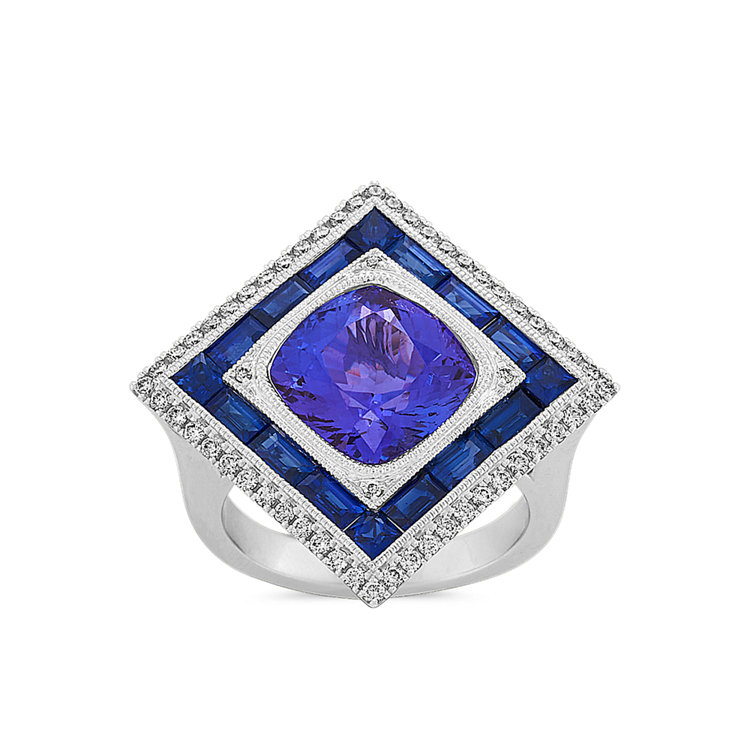 Twilight Natural Tanzanite and Natural Diamond Ring in 14k White Gold