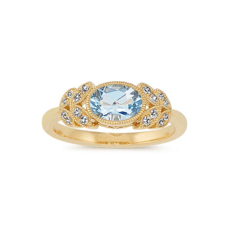 Elinor Vintage Natural Aquamarine and White Natural Sapphire Floral Ring in 14K Yellow Gold