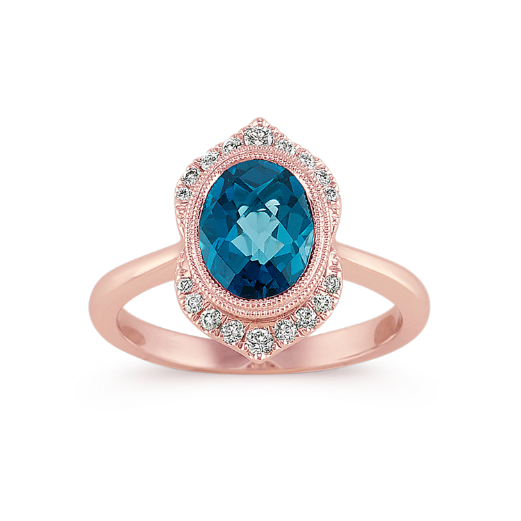 Regina Vintage Natural London Blue Topaz and Natural Diamond Ring in 14K Rose Gold