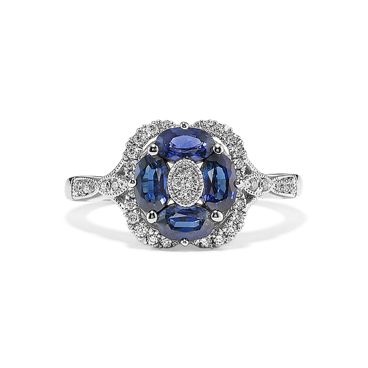 Fiore Vintage Traditional Natural Sapphire and Natural Diamond Ring in 14K White Gold