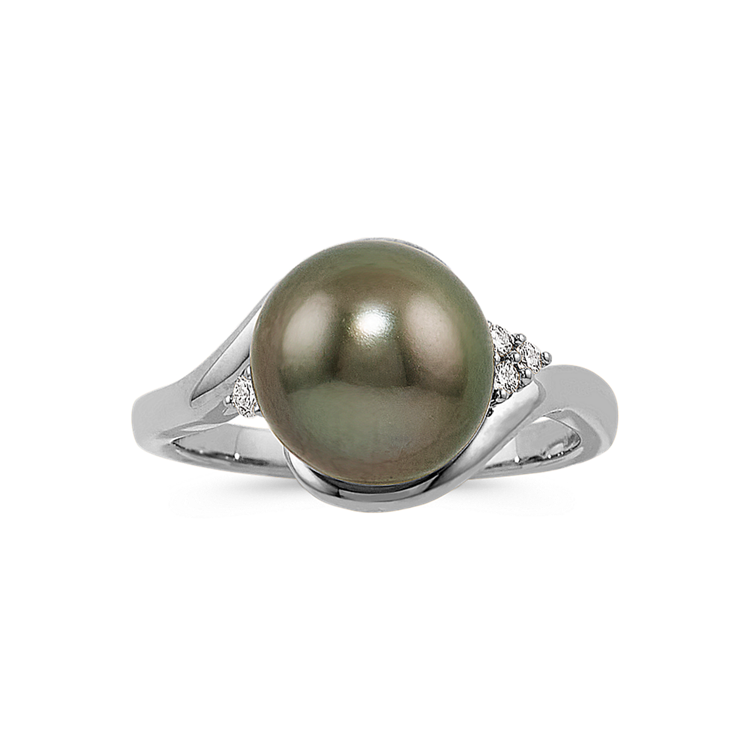 9mm Tahitian Pearl and Natural Diamond Ring in 14K White Gold