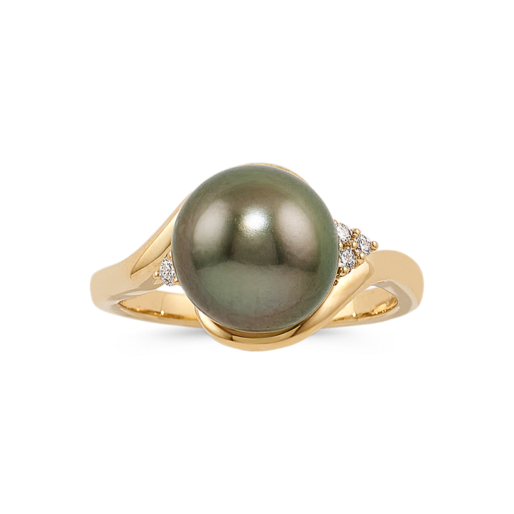 9mm Tahitian Pearl and Natural Diamond Ring in 14K Yellow Gold