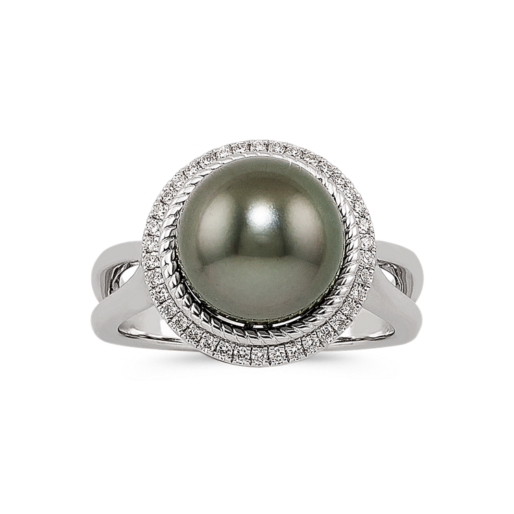 Rimini 10mm Tahitian Pearl and Natural Diamond Ring in Sterling Silver