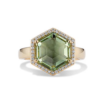 Sojourn Green Quartz & Diamond Halo Ring in Rose Gold | Shane Co