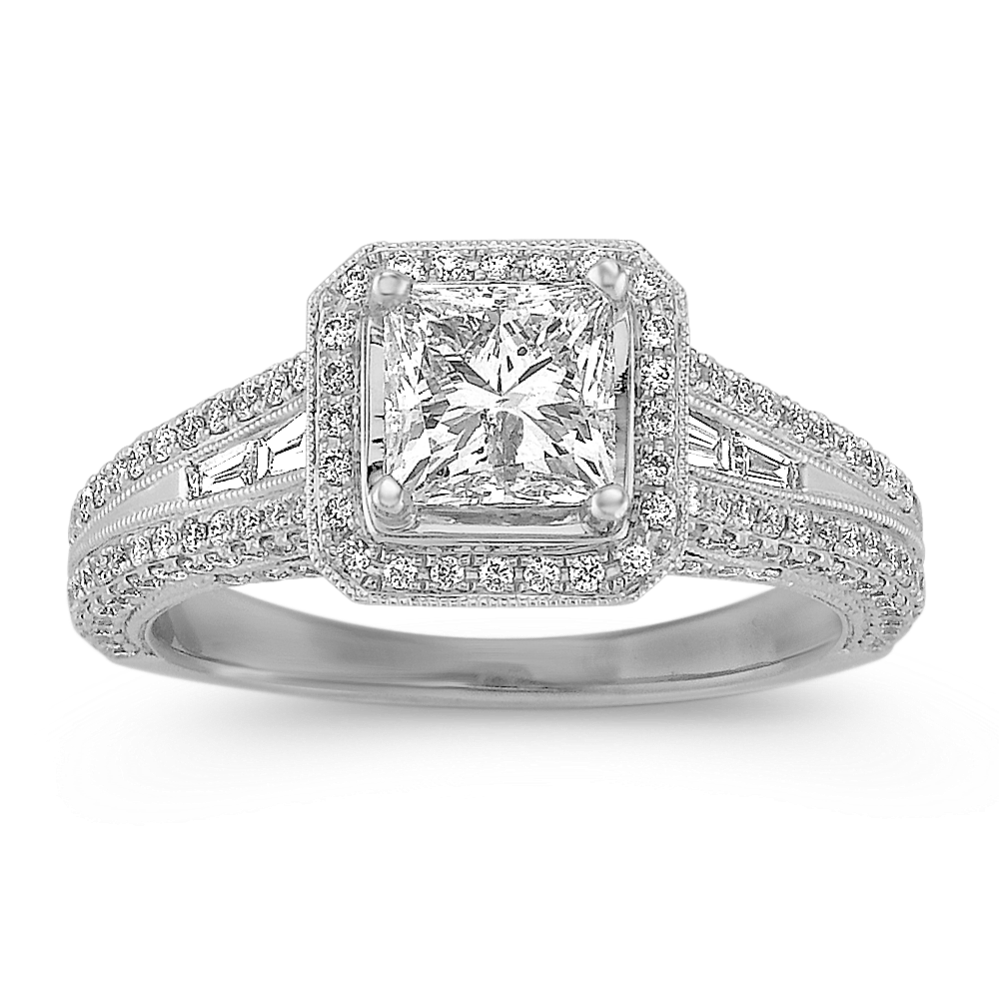1 ct. Princess Cut Center Diamond, Halo Engagement Ring
