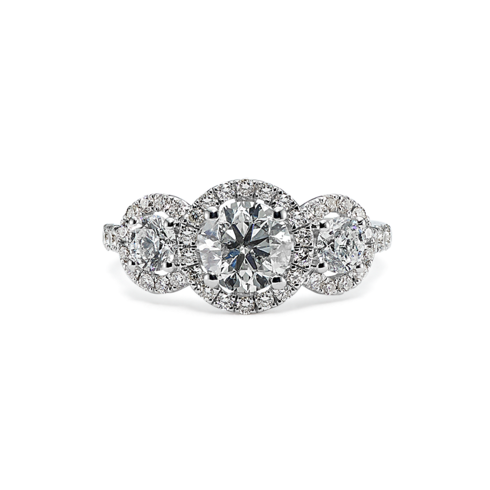 1 ct. Round Natural Diamond Three-Stone Halo Engagement Ring
