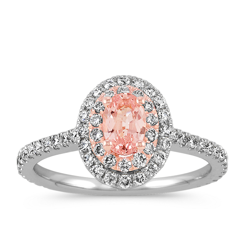 1/2 ct. Oval Center Peach Sapphire and Diamond Halo Engagement Ring
